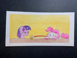 Size: 4032x3024 | Tagged: safe, artist:lost marbles, pinkie pie, twilight sparkle, earth pony, pony, unicorn, g4, cupcake, food, tongue out, traditional art, twilight sparkle is not amused, unamused