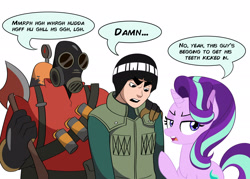 Size: 2048x1463 | Tagged: safe, artist:sardonicfactory, starlight glimmer, human, pony, unicorn, g4, axe, crossover, dialogue, female, hand on shoulder, i think we're gonna have to kill this guy, mare, meme, naruto, naruto: shippūden, pyro (tf2), reformed starlight, rock lee, simple background, team fortress 2, weapon, white background