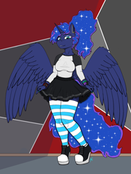Size: 1536x2048 | Tagged: safe, artist:raw16, princess luna, alicorn, anthro, g4, best princess, boots, bracelet, bracer, clothes, converse, ear piercing, female, high heel boots, high heel sneakers, horn, jewelry, lipstick, long sleeved shirt, long sleeves, looking at you, makeup, piercing, pleated skirt, ponytail, samsung, shiny mane, shirt, shoes, skirt, skirt lift, smiling, sneakers, socks, solo, striped socks, thigh highs, watch, wings, wristband, wristwatch, zettai ryouiki
