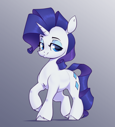 Size: 1900x2080 | Tagged: safe, artist:aquaticvibes, rarity, pony, unicorn, g4, eyeshadow, female, gradient background, lidded eyes, looking at you, makeup, mare, raised hoof, raised leg, smiling, smiling at you, solo, standing on two hooves
