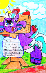 Size: 2229x3499 | Tagged: safe, artist:bitter sweetness, opaline arcana, alicorn, pony, g5, abdl, adult foal, blue sky, bondage, diaper, diaper fetish, fetish, food, high res, horn, horn ring, humiliation, magic suppression, non-baby in diaper, public humiliation, punish the villain, punishment, ring, stocks, tomato, traditional art