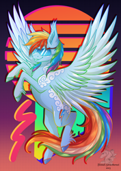 Size: 1614x2283 | Tagged: safe, artist:samadriel, rainbow dash, pegasus, pony, g4, blue coat, ear fluff, ear tufts, feathered wings, fetlock tuft, gradient background, multicolored hair, on hind legs, pegasus wings, rainbow hair, rainbow tail, retrowave, smiling, solo, spread wings, sunglasses, tail, wings