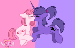 Size: 1700x1078 | Tagged: safe, artist:kingbases, artist:muhammad yunus, oc, oc:annisa trihapsari, oc:violetta cuddles belle, earth pony, pony, unicorn, base used, blushing, duo, duo female, eyes closed, female, kissing, lesbian, mare, pink background, ponytail, purple background, simple background, watermark