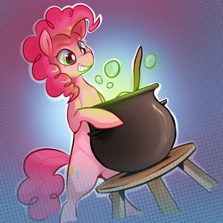 Size: 830x830 | Tagged: safe, artist:starloo, pinkie pie, earth pony, pony, pinkie's brew, g4, cauldron, female, gradient background, grin, leaning, mare, smiling, solo, table