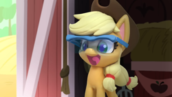 Size: 1920x1080 | Tagged: safe, screencap, applejack, earth pony, pony, diy with my little pony - carving contest, g4, g4.5, my little pony: stop motion short, barn, cute, goggles, safety goggles, smiling, solo