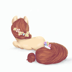 Size: 1200x1200 | Tagged: safe, artist:firefox2007, oc, oc only, pony, unicorn, female, flower, flower in hair, flower in tail, lying down, mare, on side, ponytail, rear view, simple background, solo, tail, white background
