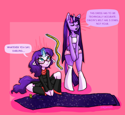 Size: 1768x1624 | Tagged: safe, artist:paiganism, rarity, twilight sparkle, unicorn, semi-anthro, g4, suited for success, bucktooth, clothes, constellation dress, curvy, duo, eyes closed, fabric, female, glasses, mare, measuring tape, rarity's glasses, sitting, speech bubble, stars, unicorn twilight