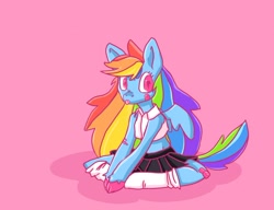 Size: 1280x983 | Tagged: safe, artist:paiganism, rainbow dash, pegasus, semi-anthro, g4, :p, bandaid, clothes, female, kneeling, mare, pink background, simple background, skirt, solo, tongue out