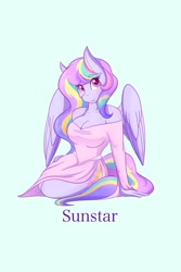 Size: 1365x2048 | Tagged: safe, artist:mscolorsplash, oc, oc only, oc:sunstar, pegasus, anthro, bare shoulders, blue background, breasts, cleavage, clothes, dress, kneeling, light blue background, name, simple background, solo
