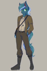Size: 1365x2048 | Tagged: safe, artist:mscolorsplash, oc, oc only, oc:aerial venture, pegasus, anthro, plantigrade anthro, commission, eyebrows, eyebrows visible through hair, gray background, hand in pocket, male, simple background, solo, stallion
