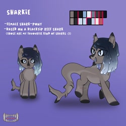 Size: 1600x1600 | Tagged: safe, derpibooru exclusive, oc, oc only, oc:sharkie, goo, goo pony, original species, pony, shark, shark pony, colored, digital art, female, fish tail, gradient background, open mouth, reference sheet, shark tail, smiling, solo, tail, teeth