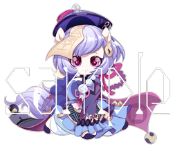 Size: 2425x2151 | Tagged: safe, artist:kusenkusentrate, earth pony, pony, clothes, dress, female, filly, foal, genshin impact, hat, high res, obtrusive watermark, ponified, qiqi (genshin impact), sample, simple background, solo, text, transparent background, watermark