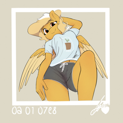 Size: 4000x4000 | Tagged: safe, artist:potato22, oc, oc only, oc:mareota, pegasus, anthro, absurd resolution, beige background, breasts, clothes, female, looking at you, lying down, mare, on back, reasonably sized breasts, shirt, shorts, simple background, smiling, smiling at you, solo, wings