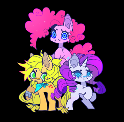 Size: 1021x1008 | Tagged: safe, artist:cutesykill, applejack, pinkie pie, rarity, earth pony, pony, unicorn, g4, bandage, bandaid, bandaid on nose, bandana, beanbrows, black background, closed mouth, ear piercing, earring, eyebrows, female, freckles, gradient mane, hatless, jewelry, looking at you, mare, missing accessory, neckerchief, piercing, ponytail, raised hoof, rearing, simple background, standing, trio
