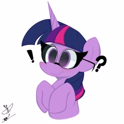 Size: 3000x3000 | Tagged: safe, artist:daftramms, twilight sparkle, pony, unicorn, g4, confused, cute, exclamation point, fanart, female, glasses, high res, mare, question mark, simple background, solo, twiabetes, unicorn twilight, white background