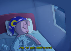 Size: 1442x1032 | Tagged: safe, artist:hitsuji, pom (tfh), sheep, them's fightin' herds, bed, caption, community related, hat, moon, moonlight, nightcap, sleeping, solo, text, window