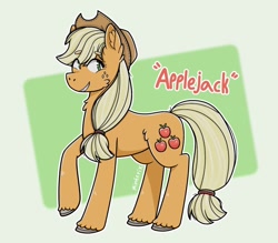 Size: 1172x1028 | Tagged: dead source, safe, artist:minterix, applejack, earth pony, pony, g4, applejack's hat, chest fluff, cowboy hat, cute, ear fluff, female, freckles, grin, hat, jackabetes, mare, raised hoof, smiling, solo, unshorn fetlocks