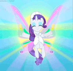 Size: 350x340 | Tagged: safe, screencap, rarity, pony, unicorn, g4, sonic rainboom (episode), animated, butterfly wings, clothes, cropped, eyes closed, female, glimmer wings, gossamer wings, hard hat, hat, lab coat, mare, solo, sun, wings