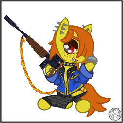 Size: 2000x2000 | Tagged: safe, artist:dice-warwick, oc, oc only, oc:live axle, earth pony, pony, fallout equestria, fallout equestria: desperados, apple grenade, biker vest, clothes, collar, ear piercing, fanfic art, female, grenade, gun, high res, jacket, makeup, mare, oversized clothes, piercing, rifle, scope, service rifle, simple background, smiling, socks, solo, stockings, suppressor, tail, tail wrap, thigh highs, transparent background, weapon