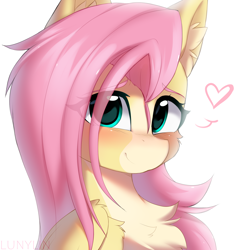 Size: 2304x2324 | Tagged: safe, artist:lunylin, fluttershy, pegasus, pony, g4, alternate design, big eyes, blaze (coat marking), blushing, chest fluff, coat markings, colored ear fluff, colored eyebrows, cute, ear fluff, eye clipping through hair, eyebrows, eyebrows visible through hair, facial markings, female, floating heart, folded wings, hair over one eye, halfbody, heart, high res, looking at you, mare, pale belly, shyabetes, simple background, smiling, smiling at you, solo, white background, wings