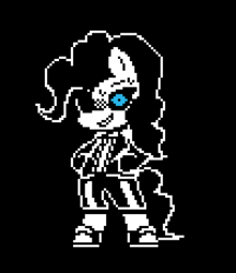 Size: 1200x1392 | Tagged: safe, artist:menalia, pinkie pie, earth pony, pony, g4, alternate universe, bipedal, black and white, black background, clothes, female, glowing, glowing eyes, grayscale, jacket, mare, monochrome, pixel art, sans (undertale), sans pie, shoes, shorts, simple background, sneakers, style emulation, undertale