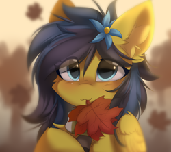 Size: 6200x5500 | Tagged: safe, artist:lunylin, oc, oc only, pegasus, pony, absurd resolution, autumn, blushing, cheek fluff, clothes, ear fluff, eye clipping through hair, falling leaves, female, folded wings, leaves, looking at you, mare, mouth hold, pegasus oc, scarf, smiling, smiling at you, solo, wings