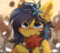Size: 4096x3634 | Tagged: safe, alternate version, artist:lunylin, oc, oc only, pegasus, pony, autumn, blushing, cheek fluff, clothes, ear fluff, eye clipping through hair, falling leaves, female, folded wings, high res, leaves, looking at you, mare, mouth hold, pegasus oc, scarf, smiling, smiling at you, snow, snowfall, solo, wings