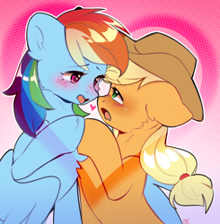 Size: 1960x1997 | Tagged: safe, artist:pledus, applejack, rainbow dash, earth pony, pegasus, pony, g4, applejack's hat, blushing, boop, chest fluff, cowboy hat, duo, duo female, eye contact, eyebrows, eyebrows visible through hair, female, freckles, hat, heart, heart eyes, holding hooves, lesbian, looking at each other, looking at someone, mare, noseboop, open mouth, ship:appledash, shipping, signature, wingding eyes, wings