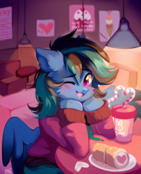 Size: 1591x1956 | Tagged: safe, artist:pledus, oc, oc only, pegasus, pony, blushing, cafe, clothes, eyebrows, eyebrows visible through hair, hoodie, indoors, looking at you, one eye closed, open mouth, open smile, signature, sitting, smiling, smiling at you, solo, wink, winking at you