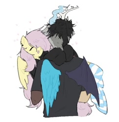 Size: 716x738 | Tagged: safe, artist:rottnpet, discord, fluttershy, draconequus, pegasus, anthro, g4, antlers, carrying, clothes, duo, ear piercing, earring, eyes closed, facing away, female, heart, horn, jewelry, male, piercing, ship:discoshy, shipping, simple background, socks, straight, striped socks, white background, wings