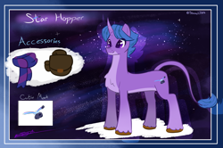 Size: 3203x2132 | Tagged: safe, artist:staceyld636, oc, oc:star hopper, pony, unicorn, bag, clothes, commission, cutie mark, galaxy, high res, horn, male, reference sheet, scarf, simple background, solo, stallion, stars, unicorn oc