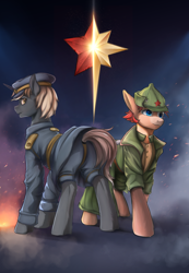 Size: 1650x2380 | Tagged: safe, artist:kirby_orange, earth pony, unicorn, clothes, commission, duo focus, ear fluff, hat, jacket, looking at each other, looking at someone, male, military, military uniform, short hair, uniform