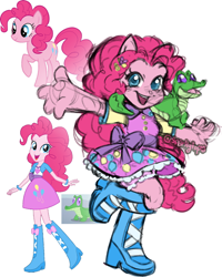 Size: 1200x1500 | Tagged: safe, artist:sparkytopia, gummy, pinkie pie, alligator, human, equestria girls, g4, boots, colored sketch, cute, ponied up, reference used, shoes, simple background, sketch, white background