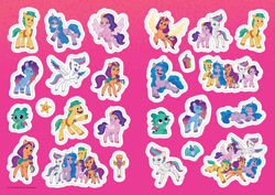 Size: 1820x1286 | Tagged: safe, hitch trailblazer, izzy moonbow, misty brightdawn, pipp petals, sparky sparkeroni, sunny starscout, zipp storm, alicorn, dragon, earth pony, pegasus, pony, unicorn, g5, my little pony: tell your tale, official, 2d, badge, book, crystal, drink, group, jumping, leaping, looking at you, mane five, mane seven (g5), mane six (g5), merchandise, microphone, one eye closed, pointing, princess, raised hoof, rebirth misty, running, sitting, sleeping, smiling, smiling at you, spread wings, stars, sticker, sticker set, vector, wings, wink, winking at you