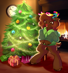 Size: 5808x6279 | Tagged: safe, artist:syu, oc, deer, deer pony, hybrid, original species, pony, bipedal, christmas, christmas decoration, christmas lights, christmas tree, clock, clothes, commission, cute, deer oc, fireplace, fluffy, holiday, holly, hoodie, hooves to the chest, horns, lights, looking at something, non-pony oc, present, red nose, silly, solo, tongue out, tree