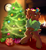 Size: 5808x6279 | Tagged: safe, artist:kanaeshka, oc, deer, deer pony, hybrid, original species, pony, semi-anthro, bipedal, christmas, christmas decoration, christmas lights, christmas tree, clock, clothes, commission, cute, deer oc, fireplace, fluffy, holiday, holly, hoodie, hooves to the chest, horns, lights, looking at something, non-pony oc, present, red nose, silly, solo, tongue out, tree