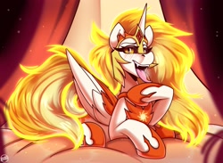 Size: 2250x1650 | Tagged: safe, artist:shadowreindeer, daybreaker, alicorn, g4, armor, bedroom, blushing, folded wings, helmet, hoof shoes, hot, large wings, lying down, open mouth, peytral, princess shoes, prone, solo, tongue out, wing armor, wings