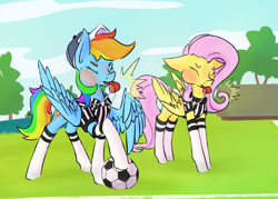 Size: 1949x1394 | Tagged: safe, artist:destiny_manticor, fluttershy, rainbow dash, pegasus, pony, g4, ball, big ears, blowing whistle, blushing, cap, clothes, coaching cap, commission, cute, dashabetes, duo, duo female, eyes closed, female, folded wings, football, football field, hat, mare, mouth hold, one wing out, outdoors, puffy cheeks, rainblow dash, rainbow dashs coaching whistle, red face, referee, referee fluttershy, referee rainbow dash, shyabetes, slender, socks, sports, spread wings, thin, whistle, whistle necklace, wing gesture, wings