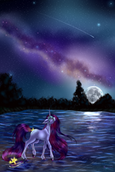 Size: 2880x4320 | Tagged: safe, artist:crazyaniknowit, oc, oc only, oc:velvet moon, pony, unicorn, female, mare, moon, night, reflection, shooting star, solo, stars, water