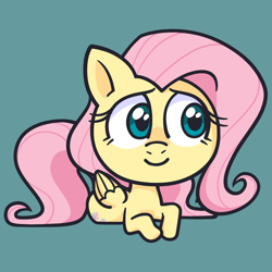 Size: 1100x1100 | Tagged: safe, artist:gonenannurs, fluttershy, pegasus, pony, g4, chibi, green background, lying down, prone, simple background, smiling, solo