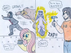 Size: 981x738 | Tagged: safe, artist:jose-ramiro, fluttershy, harry, starlight glimmer, bear, human, pegasus, pony, unicorn, g4, channel awesome, erod, facial hair, female, male, mare, the blockbuster buster, traditional art