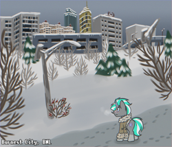 Size: 3709x3178 | Tagged: safe, artist:northglow, oc, oc only, oc:flame belfrey, unicorn, abandoned, bnl, burnest city, city, cityscape, forest, high res, lanterns, nature, snow, tree, winter