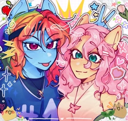 Size: 2752x2596 | Tagged: safe, artist:aj2020ahgd, fluttershy, rainbow dash, human, g4, bunny ears (gesture), eared humanization, female, headband, heart, high res, humanized, jewelry, lesbian, looking at you, necklace, pony coloring, ship:flutterdash, shipping, smiling, tongue out