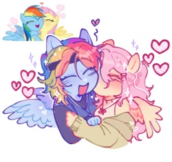 Size: 1376x1298 | Tagged: safe, artist:aj2020ahgd, fluttershy, rainbow dash, human, pegasus, pony, g4, blushing, bust, cheek kiss, clothes, cute, dashabetes, eared humanization, eyes closed, female, headband, heart, humanized, jewelry, kissing, lesbian, mare, necklace, off shoulder, off shoulder sweater, pony coloring, ship:flutterdash, shipping, shyabetes, simple background, smiling, sweater, white background, winged humanization, wings