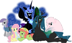 Size: 3414x2028 | Tagged: safe, artist:notsafeforsanity, fluttershy, maud pie, nightmare moon, queen chrysalis, tree hugger, oc, oc:fluffle puff, changeling, changeling queen, earth pony, original species, pegasus, g4, bong, female, harem, high res, lesbian, ship:flutterhugger, shipping, show accurate, simple background, style emulation, transparent background