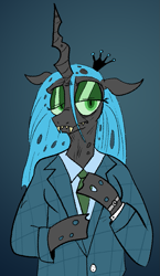 Size: 661x1143 | Tagged: safe, artist:notsafeforsanity, queen chrysalis, changeling, changeling queen, anthro, g4, breaking bad, clothes, gus fring, sketch, solo, suit, we are not the same