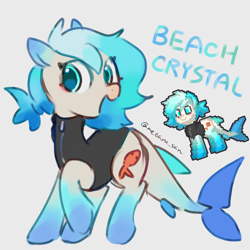 Size: 4096x4096 | Tagged: safe, artist:metaruscarlet, oc, oc only, oc:beach crystal, merpony, original species, pony, shark, shark pony, pony town, clothes, english, fins, fish tail, gradient legs, gray background, open mouth, open smile, ponytail, shark tail, simple background, smiling, tail, tail fin, turned head, white background