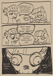 Size: 3541x5016 | Tagged: safe, artist:notsafeforsanity, maud pie, mudbriar, earth pony, g4, comic, implied transgender, kubrick stare, monochrome