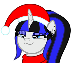 Size: 5038x4444 | Tagged: safe, artist:severity-gray, oc, oc only, oc:coldlight bluestar, pony, unicorn, absurd resolution, christmas, clothes, cutie mark accessory, ear piercing, earring, eyeshadow, female, festive, hat, holiday, jewelry, makeup, piercing, santa hat, scarf, simple background, smug, solo, transparent background