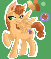 Size: 500x585 | Tagged: safe, artist:frostedminispooner, oc, oc only, oc:nursery rhyme, oc:slim gym, pegasus, pony, ask nursery rhyme, female, green background, mare, raised hoof, reference sheet, round belly, simple background, solo, standing
